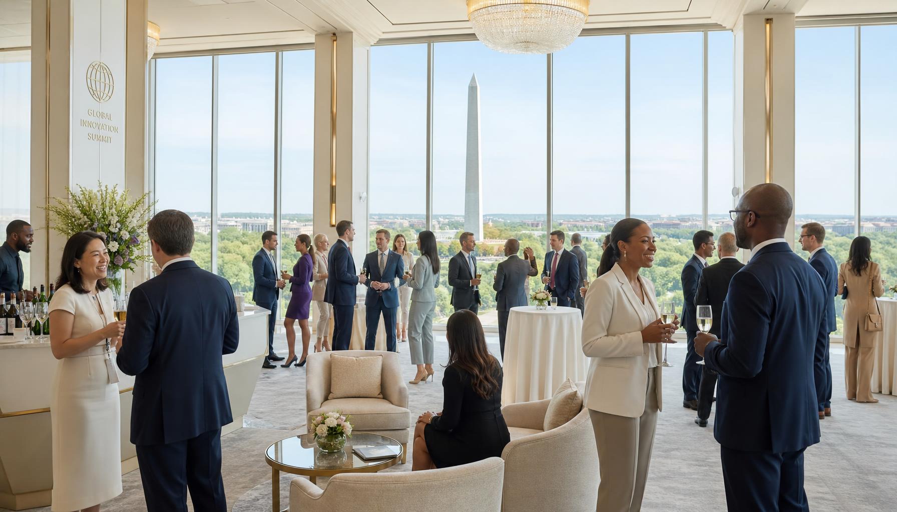 Professionals at an evening networking reception in a Washington, D.C. event space with the Washington Monument in view