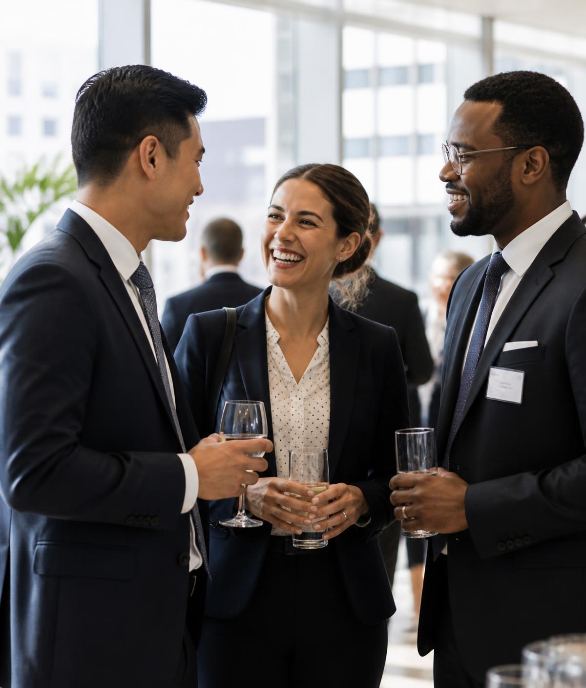 Business professionals in conversation at an upscale corporate reception